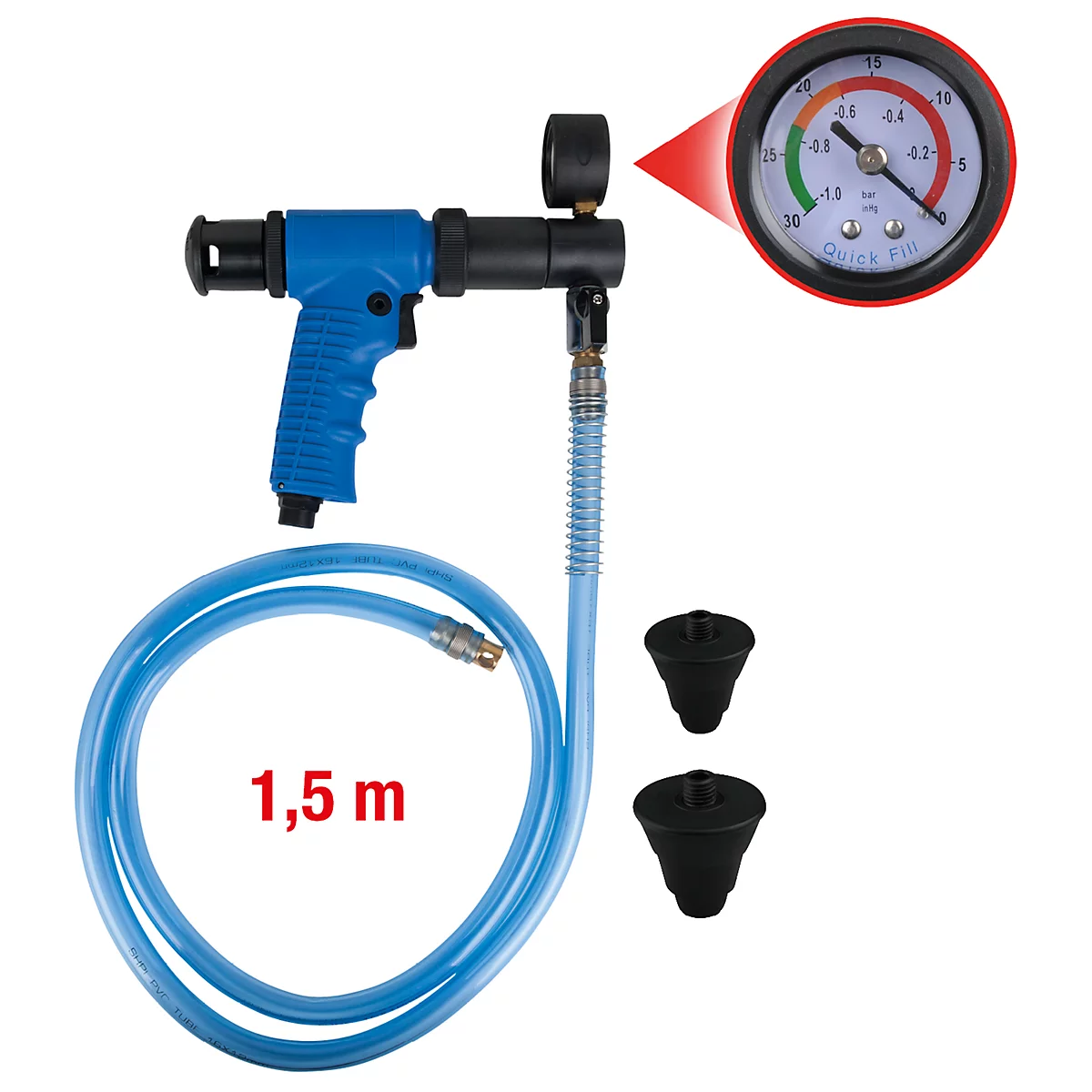 Blau-schwarzes Werkzeug zum Befüllen mit Manometer, 1,5 m Schlauch und zwei Kegelspitzen.